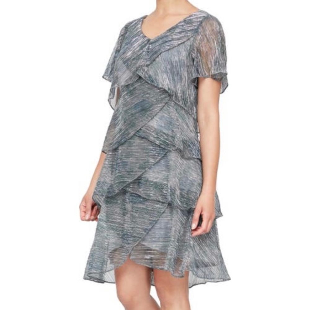 SLNY 12P Dress Green Blue Silver Metallic  Sparkles Tiered Ruffles Petite 12
